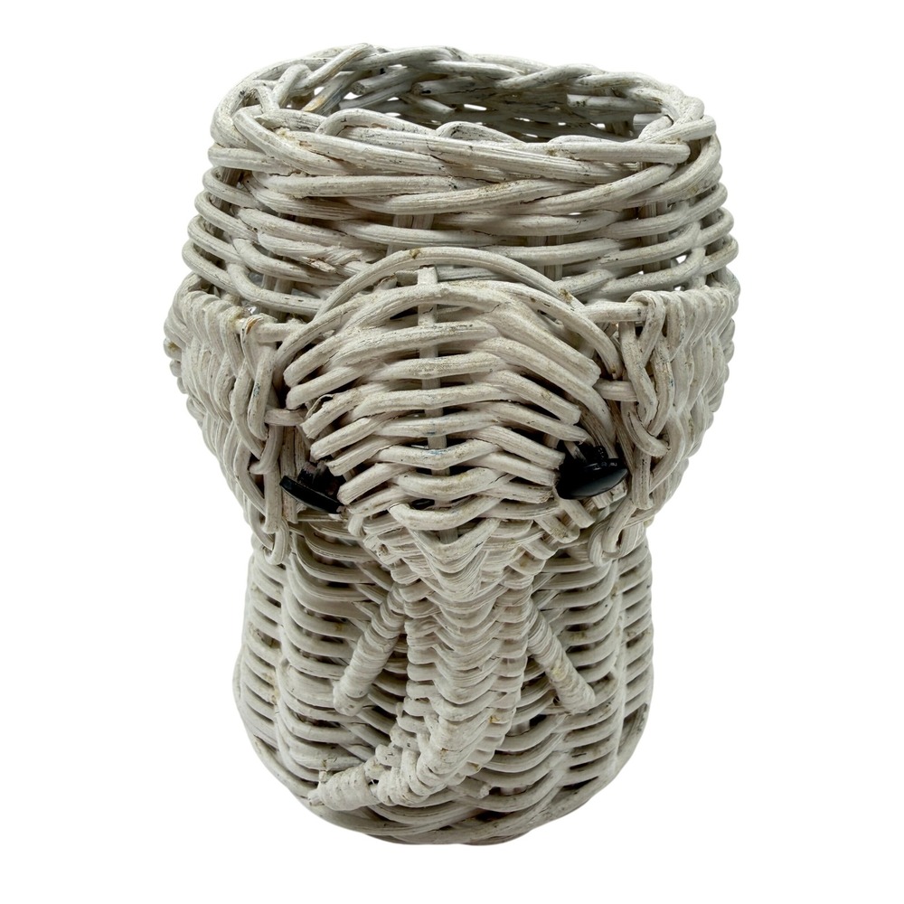 Vintage White Wicker Elephant Planter Boho Decor Basket Pencil Cup Small 5in